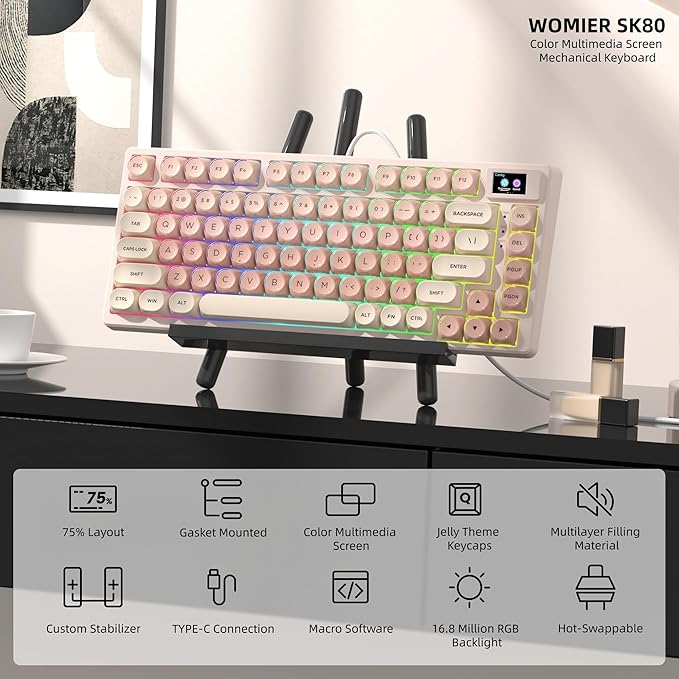 Womier SK80 75% Foundation Mechanical Gaming Keyboard with Color Multimedia Display Pink Creamy Keyboards Jelly Keycaps Hot Swappable RGB Wired Key Board Pre-lubed POM Switch for Mac/Win Pink