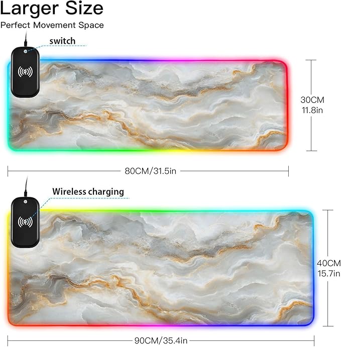 White Marble Gaming Mouse Pad Led Mousepads RGB Backlit with 14 Lighting Modes Non Slip Base Soft Computer Keyboard Mat for Gaming PC Laptop Desk M