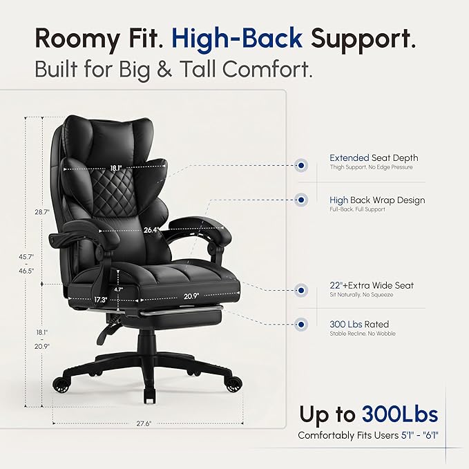 Dowinx Big and Tall Office Chair with Pocket Spring CushionHigh Back Computer Gaming Chairs with Linkage ArmrestsExecutive Desk Chairs with FootrestPU Leather-Black