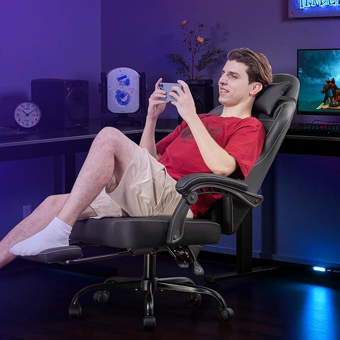GTPLAYER Gaming Chair with Footrest Recliner Chair with Headrest &amp Lumbar Support Linkage ArmrestErgonomic Gaming Chair 350lbs High Back Office Home Dark Black