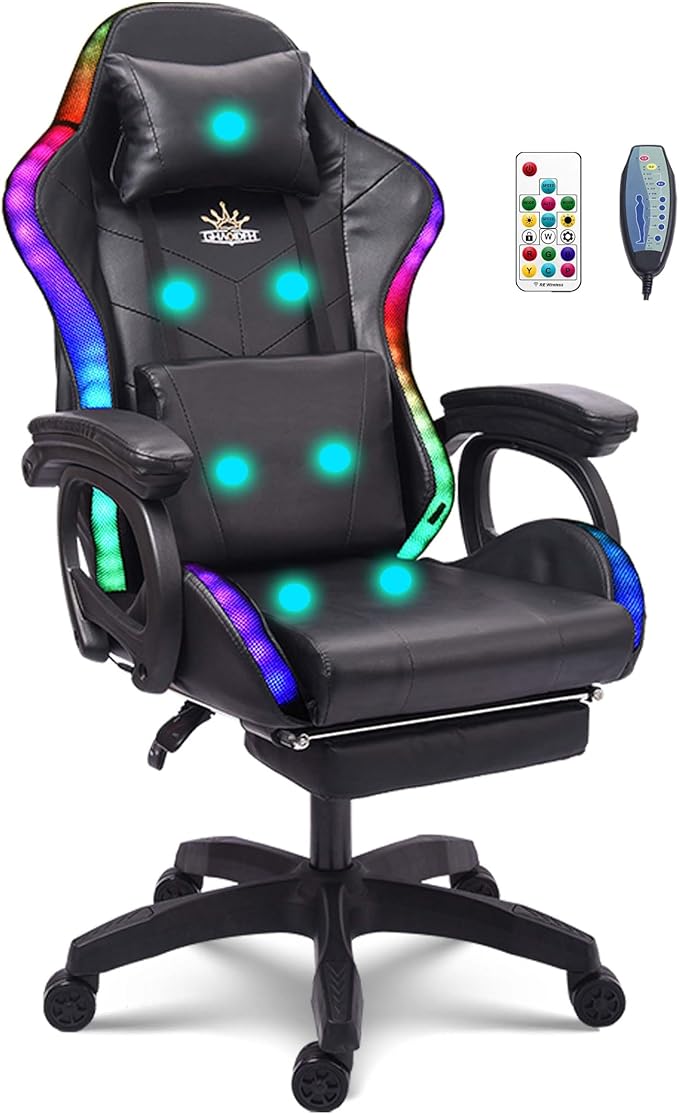 Gaming Chair with 7-Point Massage Function Ergonomic Computer Chair with Footrest and Lumbar Support Video Gaming Chair with RGB Lights and Speakers Adjustable Backrest Swivel ChairBlack