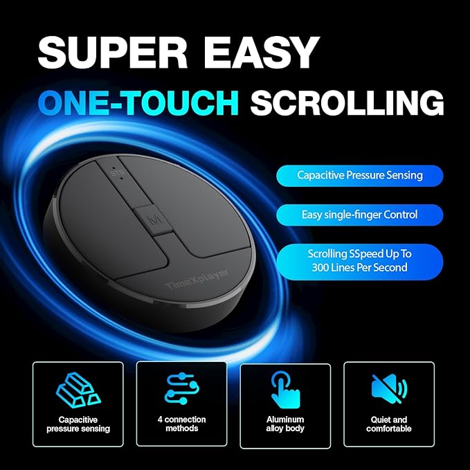 Stylish Mini Round Mouse with Pressure Sensing Reel Ultra Portable Wireless Mouse Connectivity: Wired 2.4G and Dual Bluetooth Rubber Case Included (BT1/BT2-Black)