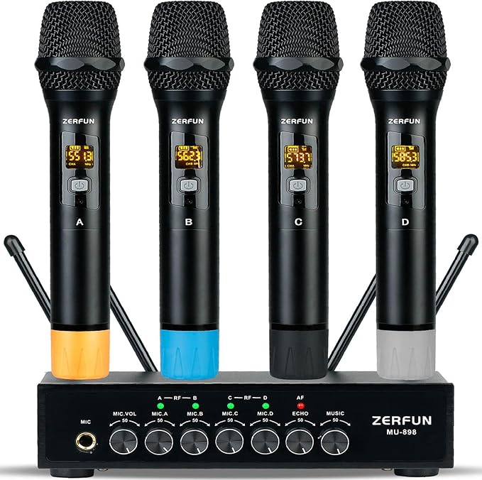 Pro Wireless Microphone System 4 Channel UHF Metal Cordless Handheld Mics with Echo Bluetooth for Church Karaoke Singing 4x50 Adjustable Frequency(MU-898 Battery 4 Handheld)
