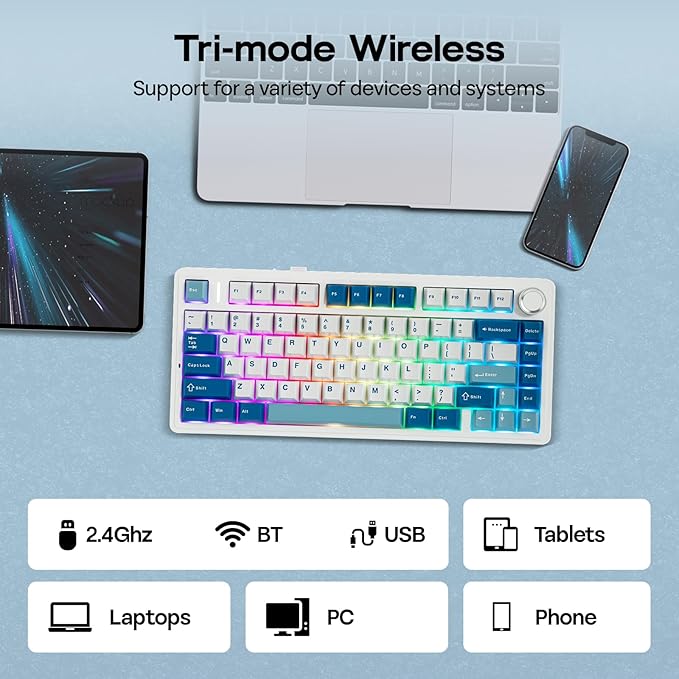 EPOMAKER x Aula F75 Ultra Wireless Gaming Keyboard with Knob 10000mAh Hot Swap RGB PBT Keycap Creamy Sound VIA 75% Mechanical Keyboard for Win/Mac (Blue Pink Mint)