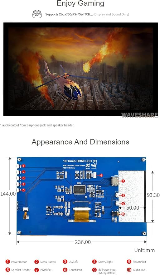 waveshare 10.1inch Capacitive Touch Screen LCD (E) 1024×600 HDMI IPS Optical Bonding Display Compatible with Raspberry Pi 5/4B/3B+/3A+/3B/2B/1B+/1A+/Zero 2 W/Zero W Jetson Nano and PC Game Console