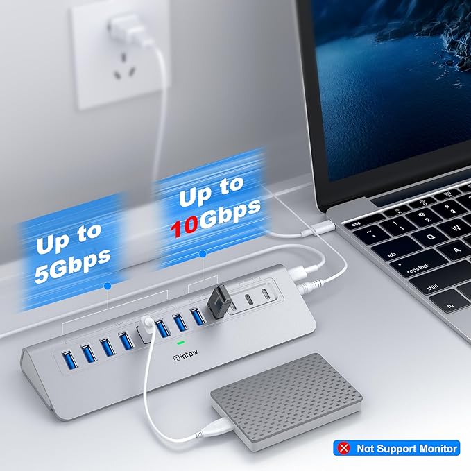 Powered USB Hub intpw 12 Port USB C Hub with 10Gbps USB C 3.2+2 USB A 3.2 7 USB 3.0 2 PD 45W Charging Port 65W Power Adapter + 3.3FT Cable Aluminum USB Hub for Laptop/iPhone 17/16/PC