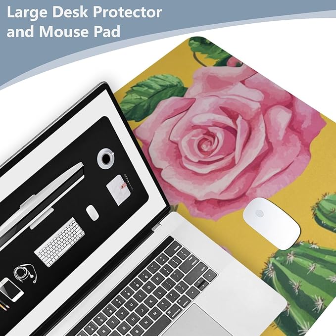 Mouse Pad Desk Mat Leather Desk Pad Large Gaming Desk Cover Protector Mat for Keyboard Computer Laptop Office Waterproof 35.4 x 16.5 Inch Yellow Cactus Parrots and Roses
