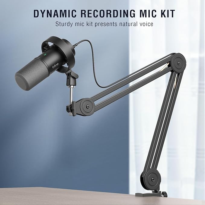 FIFINE Dynamic Podcast Microphone Set with Boom Arm Stand Studio XLR/USB Microphone for Recording Vocal Streaming Metal Mic with Mute Tap Headphone Jack Heavy Duty Boom Arm-K688T