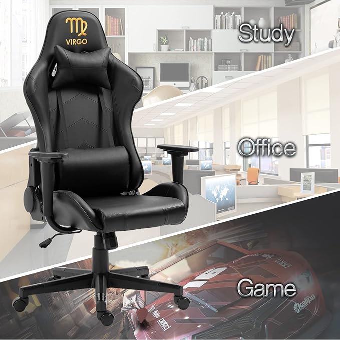 Modern-Depo Black Virgo Zodiac Gaming Chair with Ergonomic Design Adjustable Swivel and Recline 330 lbs Load Capacity