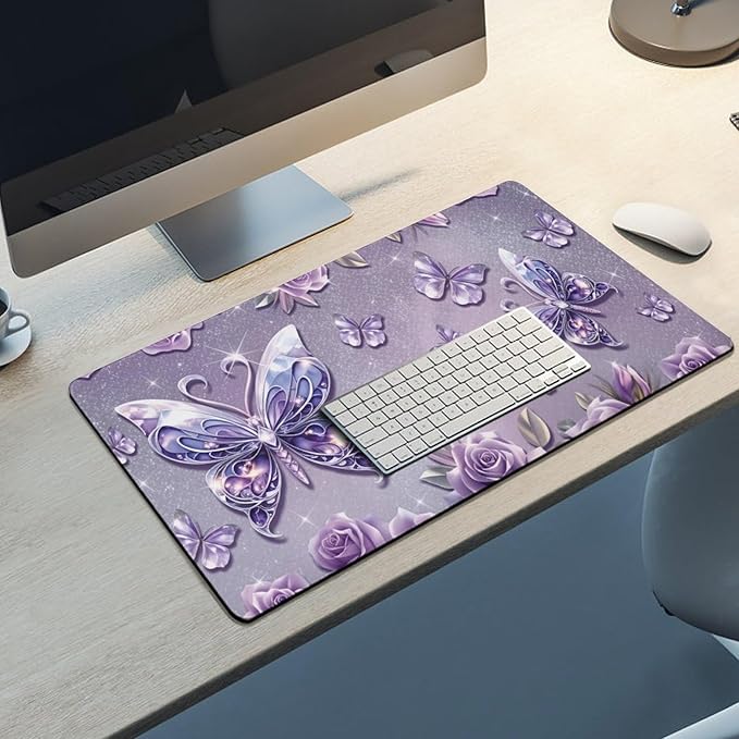Purple Butterflies Roses Mouse Pad Large Desk Mat Extended Keyboard Mouse Pad with Non-Slip Base and Stitched Edge Mouse Mat Desk Pad 30x16 Mouse Pads for Desk Home Office Gaming