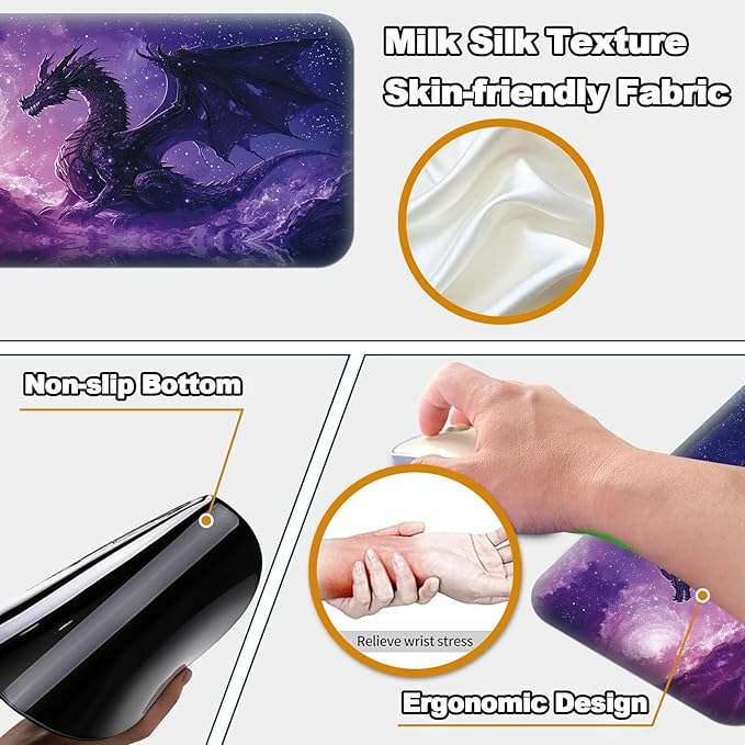 Desk Pad Large Game Mouse Pad + Small Mouse Pad + Wrist RestErgonomic Mouse PadTable Mat with Stitched EdgeAnti-SlipMemory Foam Desk Mat for Home Office Gaming(23.6×11.8in)Purple Dragon