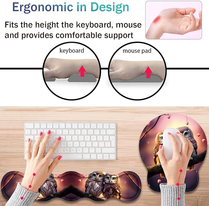 Ergonomic Keyboard Wrist Support Pad and Wrist Support Mouse Pad Anti-Slip with Gel Memory Mouse Pad Set Suitable for Office Use/Home Use - Cute Owls
