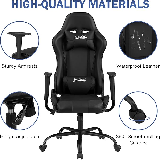 BLKMTY Gaming Chair Office Chairs High Back Computer Leather Desk Chair Racing Executive Ergonomic Adjustable Swivel Task Chairs with Headrest and Lumbar Support Black