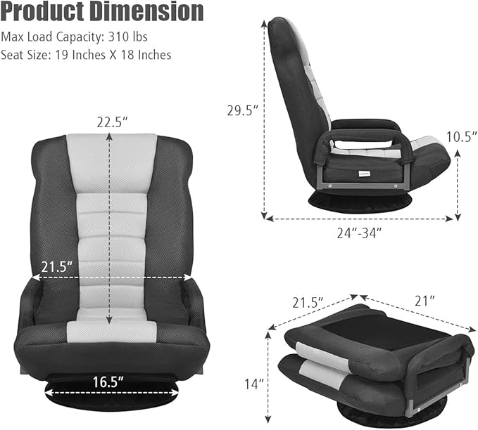 GOFLAME Swivel Gaming Floor Chair 360 Degree Folding Chair with Adjustable 6-Position Backrest and Armrest Lazy Sofa Lounger for TV Reading Playing Video Games (Black/Grey)