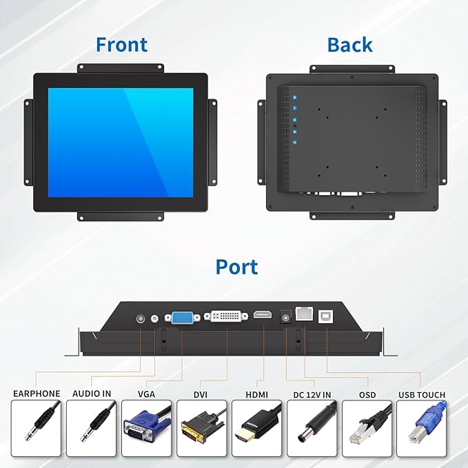 10.4 Inch Open Frame Touch Monitor PCAP 10-Point Touch Industrial Touchscreen Monitor with HDMI/VGA/DVI Interface Active Matrix TFT LCDLED Backlight with VESA Mount