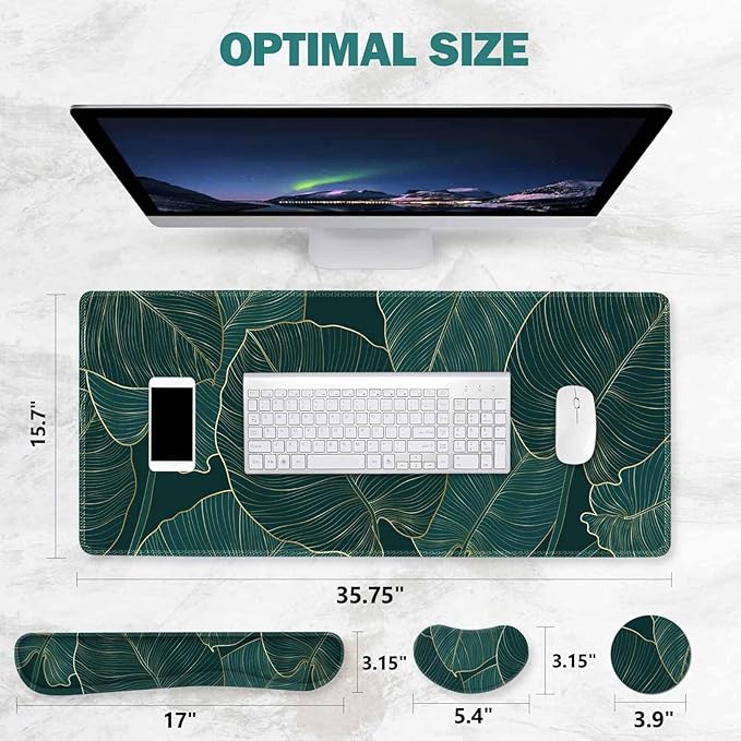 ToLuLu Extended Gaming Mouse Pad Memory Foam Ergonomic Keyboard Mouse Wrist Rest Support Set Large Desk Mat with Stitched Edges Non-Slip Base Mousepad for Home Office Game Green Golden Leaves
