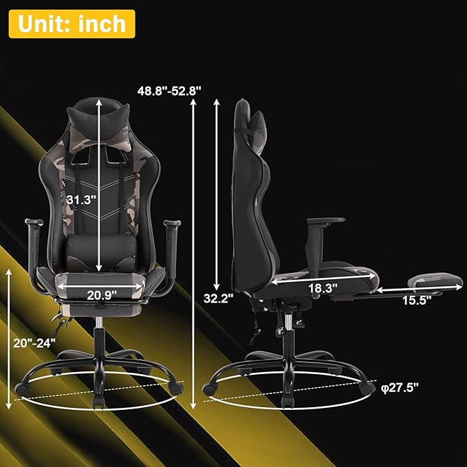 Massage Gaming Chair - Ergonomic PC Racing Office Chair with Lumbar Support Headrest Armrest Footrest - Black Heavy Duty PU Leather Recliner for Adults Gamer (Camo)