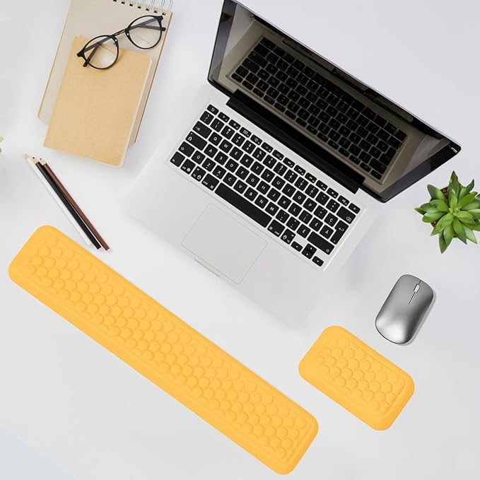 Leather Wrist Rest for Keyboard and Mouse Comfort Memory Foam Wrist Rest with Non-Slip PU Base Ergonomic Keyboard Wrist Support for Typing Pain Relief Protect Hand and Arm (Yellow)