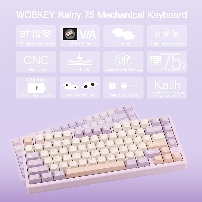 KEEBMONKEY WOBKEY Rainy 75 CNC Aluminum HMX/JWK/Cocoa Switches Triple-Mode Connectivity Mechanical Keyboard with Superior Acoustics RGB/FR4/Silver SUS304/7000mAh/Cocoa Switch (Pro - Purple)