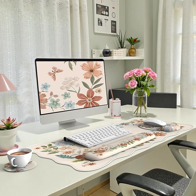 iLeadon Floral Mouse Pad Sets with Wrist SupportCute Ergonomic Keyboard Mat for DesktopExtra Large Big Desk Pad Mouse Mat+Cup Coaster with Non-Slip Base for Women Home Office