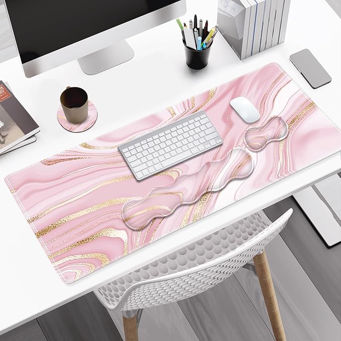 Gaming Mouse Pad Keyboard Wrist Support 4 in1 Mousepad Set with Wrist Keyboard Rest Computer Desk Mat Non-Slip Desk Pad Protector with Memory Foam Easy Typing Pain Relief I Pink Gold Marble