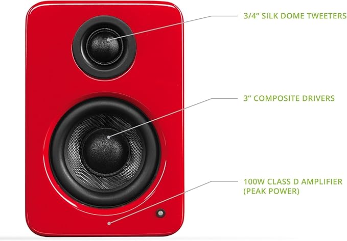 Kanto YU2GR PC Gaming Desktop Speakers | 3 Composite Drivers | 3/4 Silk Dome Tweeter | Class D Amplifier | 100 Watts | Built-in USB DAC | Subwoofer Output | Pair | Gloss Red