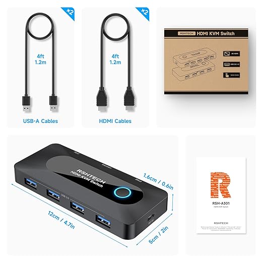 KVM Switch RSHTECH USB Switch with 4K@60Hz HDMI and 4 USB-3.0 Ports for 2 Computers Share Keyboard Mouse Printer and one HD Monitor with 2 USB-A Cables and 2 HDMI Cables