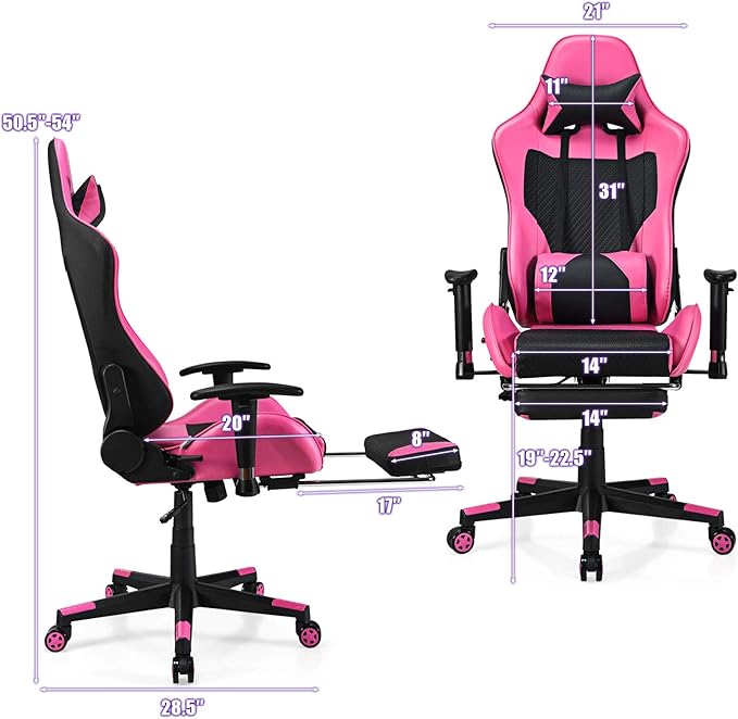 Giantex Massage Gaming Chair Pink Ergonomic Video Game Chair with Footrest High Back E-Sport Computer Chair with Headrest &amp Massager Lumbar Support PU Leather Gaming Seat