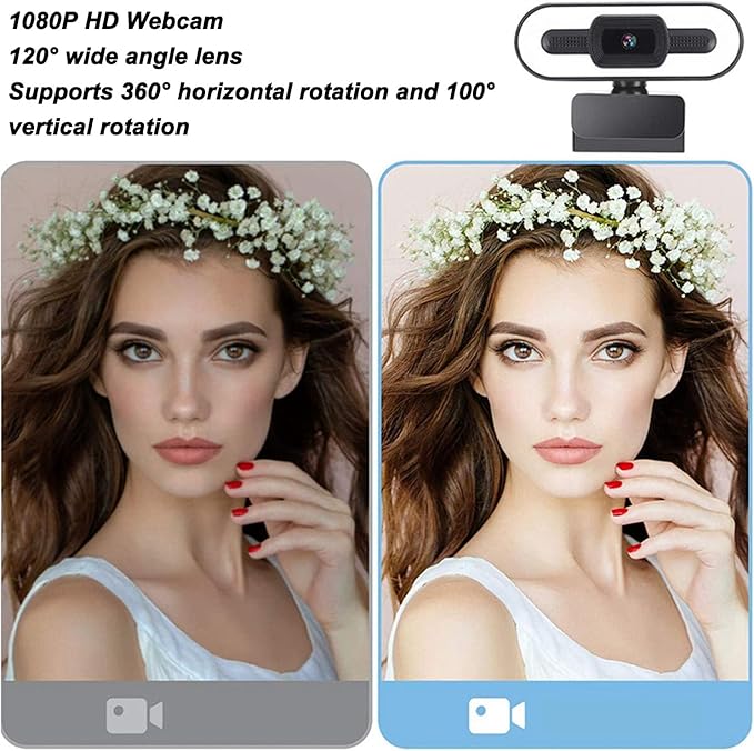 1080P HD Webcam with Adjustable Ring Light and Microphone Wide Angle USB Computer Web Camera 120° Field of View Plug and Play for Video Conferencing Streaming on Zoom