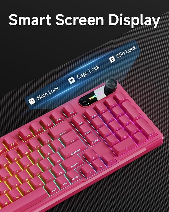 V102 Wired Keyboard 98 Keys Creamy Gaming Keyboard with Number Pad Display Screen &amp Media Knob RGB Silent Wired Cute Computer Keyboard for Laptop PC Gamer - Dark Pink