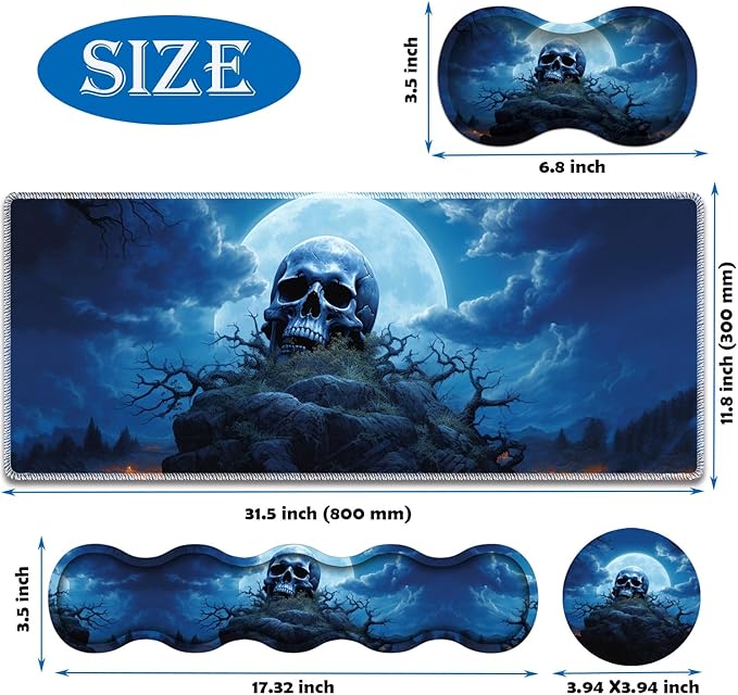 4 in 1 Mouse Pad Combo Large Gaming Mouse Pad + Keyboard Wrist Support + Mouse Wrist Rest + Coaster Table Pad 31.5 x 11.8 with Memory Foam Ergonomic Wrist Pad Set Blue Skull Moon