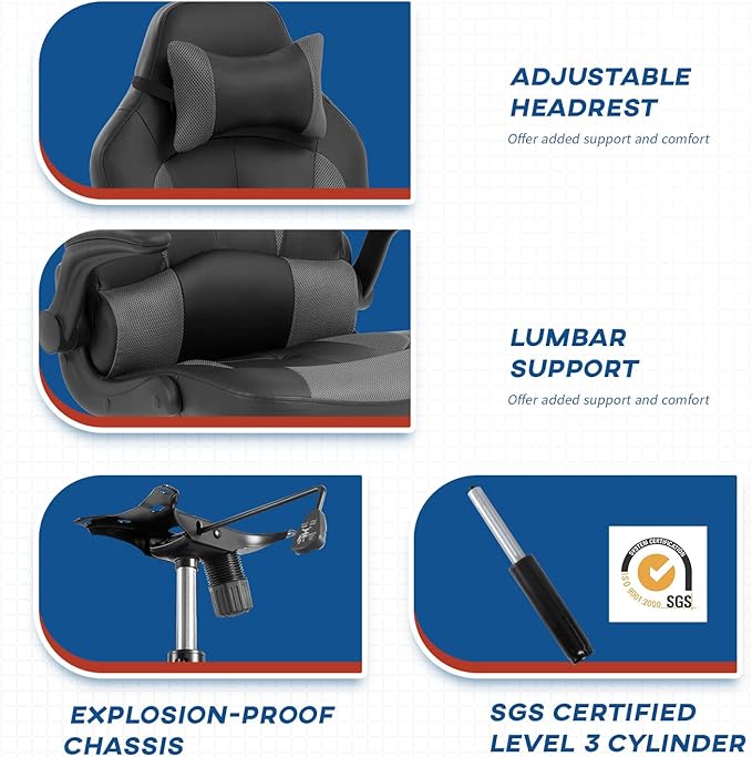 Gaming Chairs for Adults PU Leather Swivel Rolling Adjustable Game Chair with Lumbar Support Flip Up Arms Headrest for Adults Women Men Video Game Chairs Ergonomic Gaming Chair
