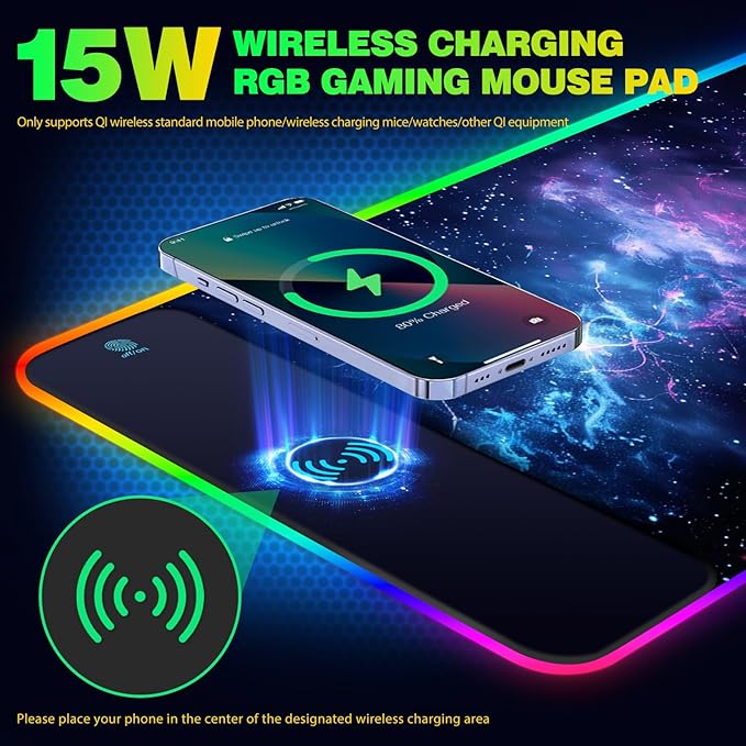 AIMSA RGB Gaming Mouse Pad with Wireless Charging Large Keyboard Mouse Pad with 14 LED Light Modes Non-Slip Rubber Base Waterproof Desk Pad for Home Office Decor Blue Purple Cosmic Nebula