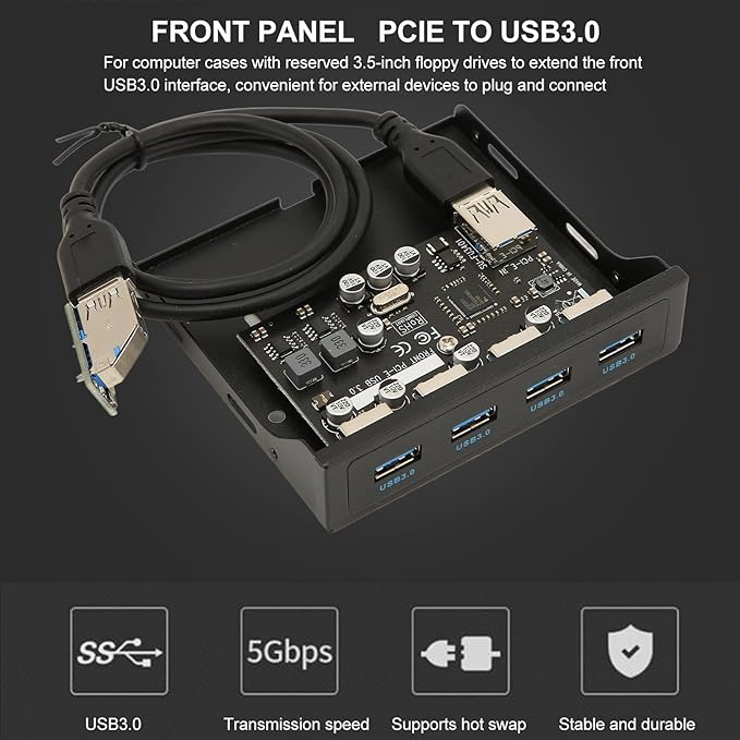 Front Panel PCIE to USB 3.0 Hub with 4 Port 3.5 Inch PC Front Panel Internal Card Reader PCIE USB Adapter with 4 X USB3.0 Output Port for Computer Case Front Bay