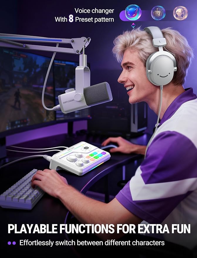 FIFINE Streaming Studio Set Dynamic XLR Microphone Mic with Volume Control RGB Lighting Audio Mixer with 7.1 Surround Sound and 9.8ft XLR Cable for Voice Chat Video Creation-AM8W+SC8W+L9W