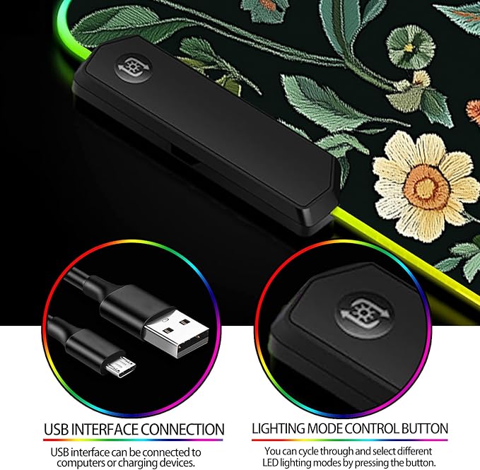 RGB Floral Gaming Desk Mat Computer Keyboard Large Extended Long Flower Plants LED Mouse Pad for Office and Home XL (W19)
