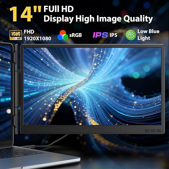 14'' Dual Laptop Screen Extender 1080P FHD Laptop Extended Monitor Portable with Speaker Plug-Play Second Monitor for 13-16'' Laptops Work with Mac Window Chrome
