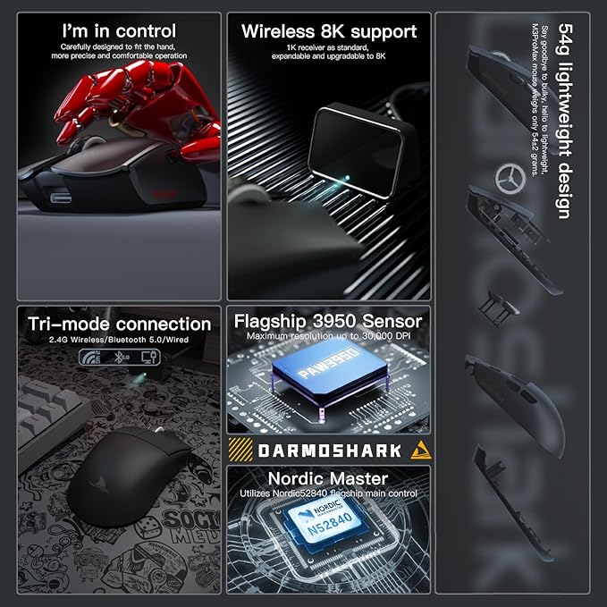Darmoshark M3PROMAX Wireless Gaming MouseTri-Mode 2.4G/USB-C/Bluetooth Mouse Up to 30000DPIPAW3950 Optical Sensor Lightweight 54g7 programmable ButtonComputer Mouse for LaptopPCLinuxMac