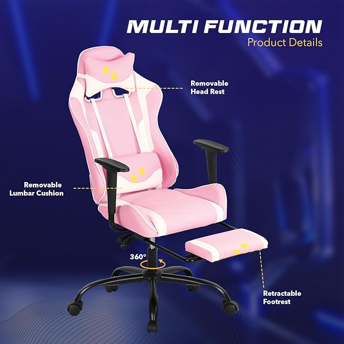 Gaming Chair Computer Office Chair Ergonomic Desk Chair Height Adjustable Recliner Swivel High Back with Lumbar Support Footrest Headrest Racing Style Desk ChairPink