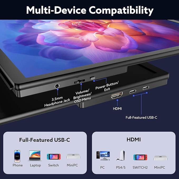 23.8'' Portable Monitor 2.5K 180Hz QHD 1440p VESA USB-C HDMI Laptop Screen Extender Built-in Stand Speakers for Laptop Mac PS4/5 Xbox Switch