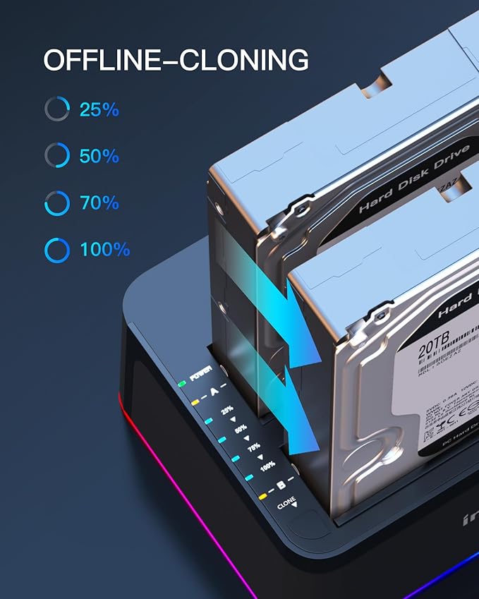 Inateck RGB USB 3.0 USB-C Port Hard Drive Docking Station with Offline Cloning for 2.5/3.5 Inch SATA HDDs and SSDs 2 x 20TB Dual Bay Docking Station UASP Supported SA02003C