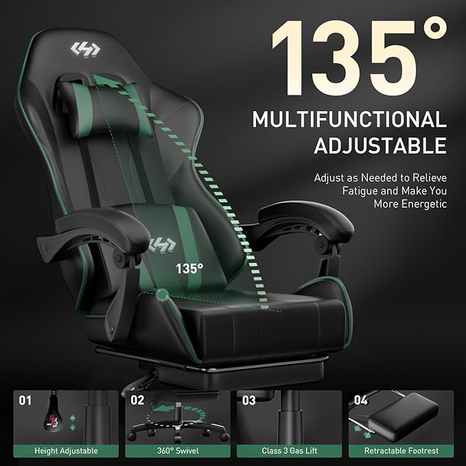 HLDIRECT Gaming Chair Ergonomic Computer Office Chair with Lumbar Support Footrest Headrest PU Leather 360° Swivel Adjustable Height Metal Frame 200 lbs Capacity (Black&ampGreen)