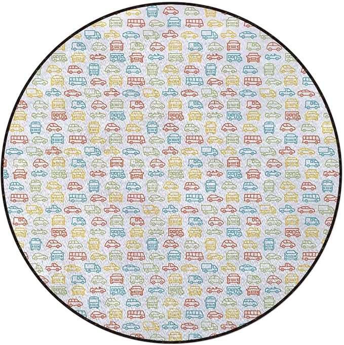 Multicolor Round RugCircle RugFarmhouse Distressed Non Slip Area Rug Round Rugs for Living Room Kitchen Bedroom Bathroom Vehicles Bus Truck Garbage Truck Cars Diameter 39.4 in