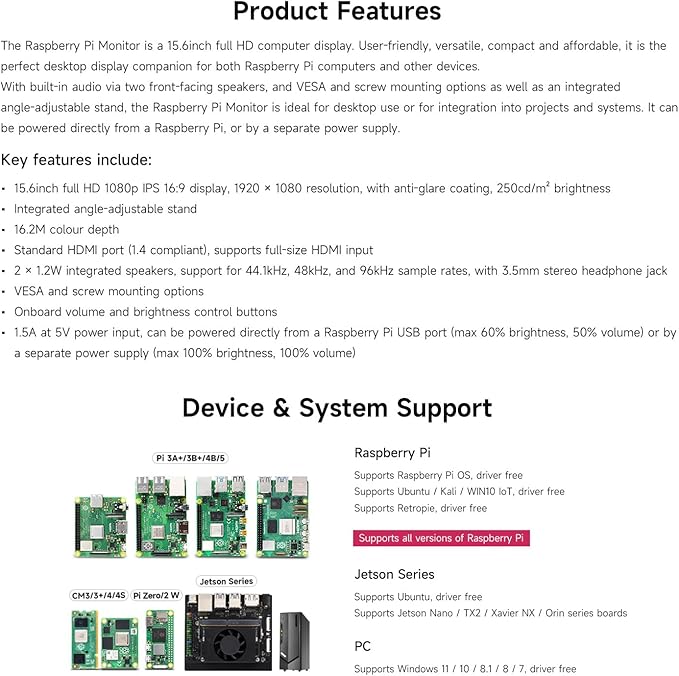 waveshare Pi Monitor Kit Comes with an Official Raspberry Pi 15.6inch Monitor 1920×1080 Resolution Standard HDMI Port IPS VESA Mounting Support Bundle with Accessories (6 Items)