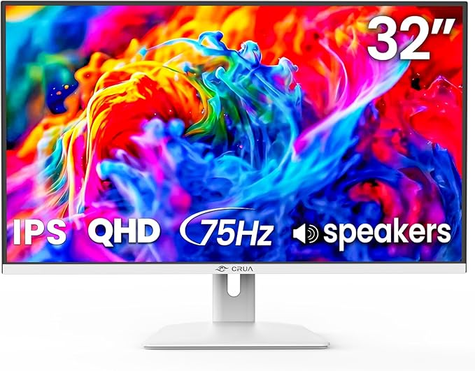 CRUA 32Inch White Monitor QHD (2560X1440P) 75Hz Computer Monitor IPS Screen 120% sRGB Support AMD FreeSync Blue Light Filter HDMI &amp DP Built-in Speakers Wall Mount Installation (75mm*75mm