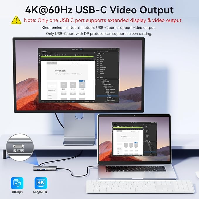 USB C Video Output Hub 3 USB-C &amp 2 USB-A 3.2 10Gbps Ports 4K@60Hz HDMI 100W PD SD/TF USBC Splitter Dual Monitor Adapter for MacBook Pro/Air iMac iPad Pro XPS Surface Galaxy S22Samsung D