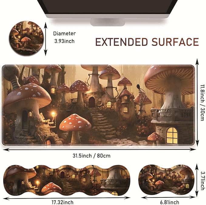 Large Gaming Table Pad 31.5 x 11.8 + Keyboard Wrist Pad + Mouse Wrist Pad + Coaster Non-Slip Base 4-in-1 Set Ergonomic Memory Foam Easy Typing Pain Relief Enchanting Mushroom Houses