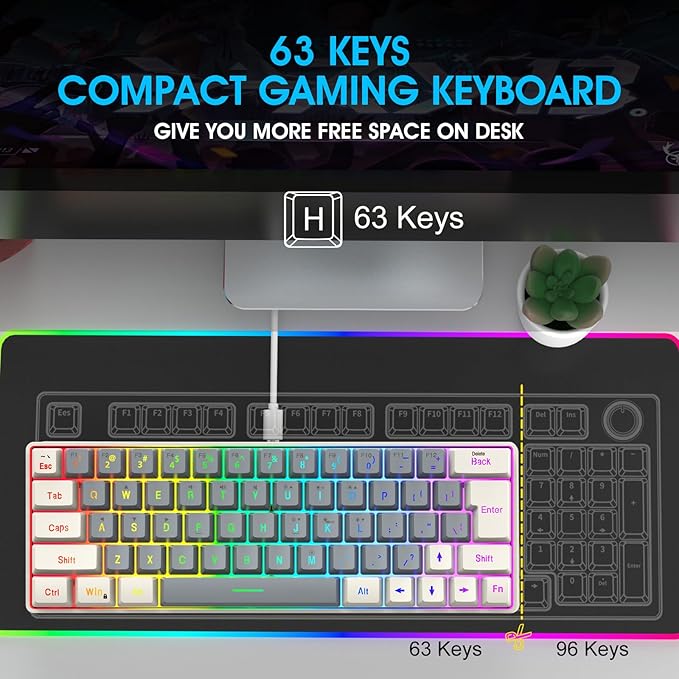 Mechanical Gaming Keyboard with LED Backlits Keyboard 63 Keys Corded Computer Keyboard for Laptop PC Gamers Office Work