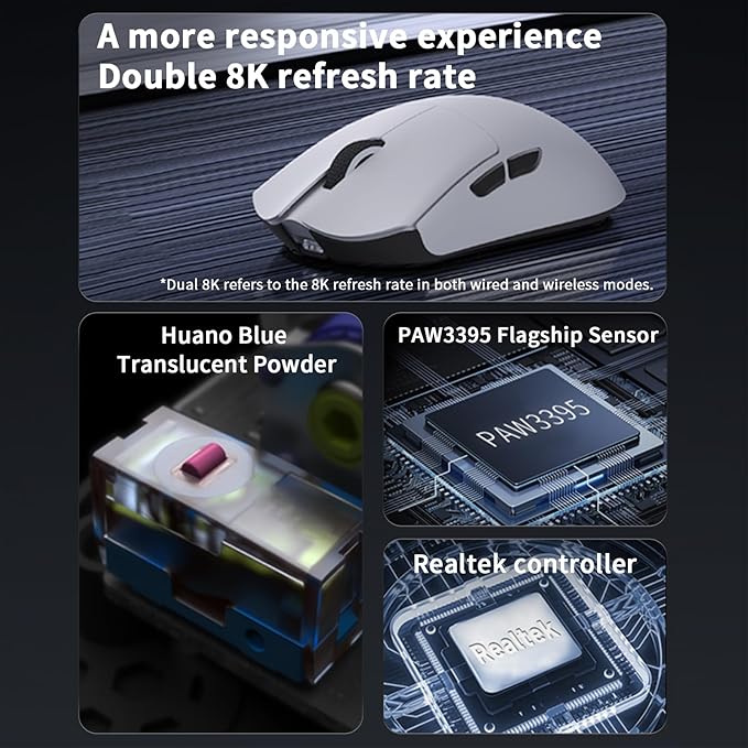 Darmoshark M3V2 8K Wireless Gaming MouseTri-Mode 2.4G/USB-C/Bluetooth Mouse Up to 26000DpiPAW3395 Optical Sensor Lightweight 58g5 programmable ButtonComputer Mouse for LaptopPCWindowsMac(Green)