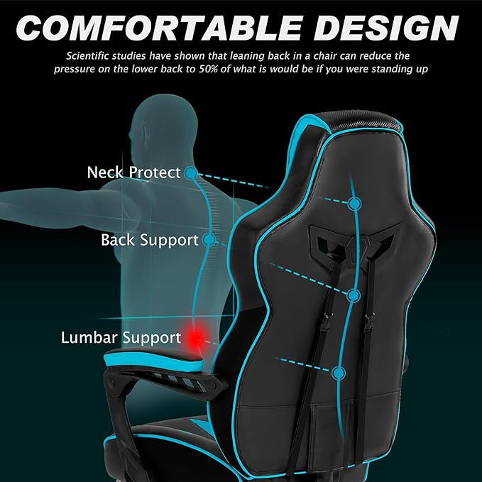 Vonesse Gaming Chairs for Adults Gaming Chairs with Footrest and Massage Reclining Computer Chair for Heavy PeopleBig and Tall Ergonomic Gamer Chair with Lumbar Pillow(Teal/Cyan)